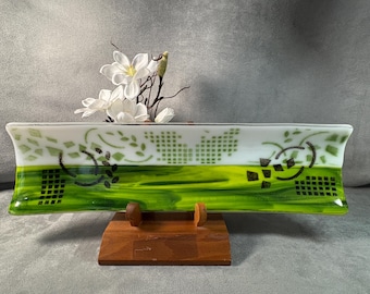 lgtray008-Green Geometric – 17” Hand-Fused Glass Sushi Tray (Because Your Sushi Deserves to Feel Fancy)