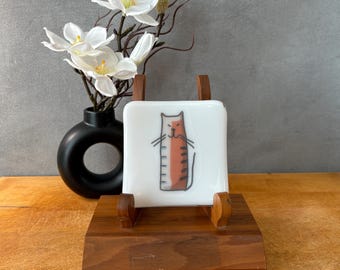 catplt017-Handmade Fused Glass Cat Dish: Square Decorative Plate, 4" Whimsical Art
