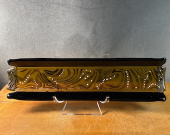 destray007-Handmade Black Swirl Fused Glass Tray: Art Dessert Sushi Plate