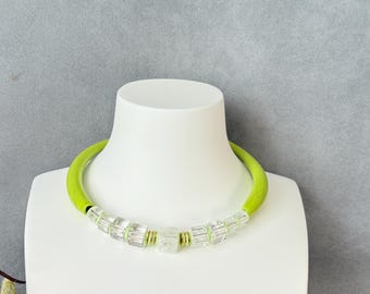 jwNeck004-Lime Green Crystal - Handmade Fused Glass Pendant Choker, One-of-a-Kind Wearable Art, Fused  Artisan Necklace, Minimalist, Modern