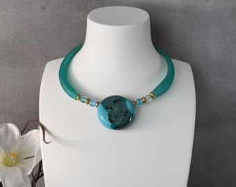 jwNeck003-Blue Earth - Fused Glass Choker – Handmade Artisan Pendant Necklace, Created in the US, No tariffs