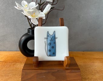 catplt018-Handmade Fused Glass Cat Dish: 4" Square Decorative Plate