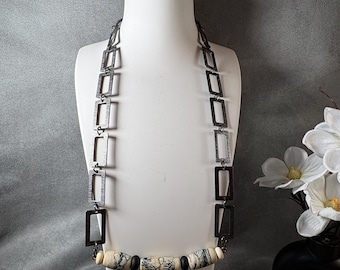 chains006-Modern Geometric Necklace with Rectangular Metal Links and Stone Looking Beads – No Clasp - Artisan Statement Jewelry