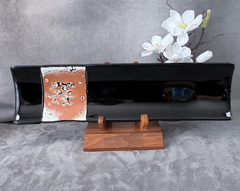 lgtray019-Glass Paint Pour – 17” Hand-Fused Glass Sushi Tray: Modern Art Serving Platter
