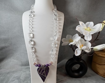 chains007-Purple Heart Pendant Necklace with Clear Crystal Beads - No Clasp – Romantic Artisan Statement Jewelry