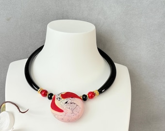 jwNeck005-Red Swirl - Fused  Artisan Necklace, Minimalist, Modern, Handmade Fused Glass Pendant Choker, One-of-a-Kind Wearable Art
