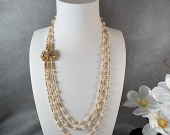swar002-Elegant Multi-Strand Knotted Swarovski Pearl Necklace with Gold Bead Accents and Decorative Gold-Plated Clasp – Classic Jewelry