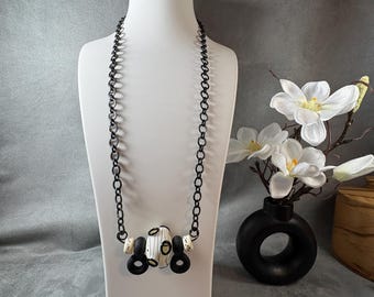 chains008-Modern Black Chain Necklace with Artisan Glass Beads, Minimalist Statement Jewelry, Handmade Contemporary Necklace|