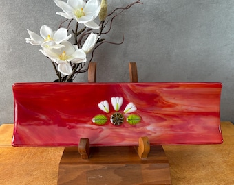 destray001-Handmade Red Fused Glass Sushi Tray: Unique Art Decor, 12 inch