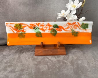 lgtray005-Orange Design – 17” Hand-Fused Glass Sushi Tray (Because Your Sushi Deserves to Feel Fancy)