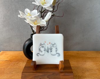 catplt006-Handmade Fused Glass Cat Plate: Whimsical Sushi Dessert Dish