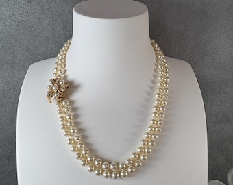 swar001-Timeless Double Strand Knotted Swarovski Pearl Necklace, Ivory Pearls with Ornate Gold-Plated Clasp, Classic Elegant Jewelry