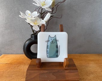 catplt013-Handmade Fused Glass Cat Plate: 4" Whimsical Sushi Dessert Dish