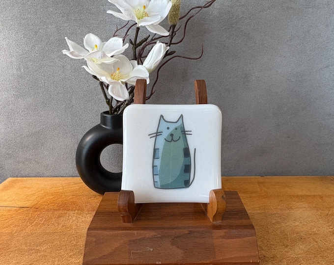 Featured listing image: catplt013-Handmade Fused Glass Cat Plate: 4" Whimsical Sushi Dessert Dish