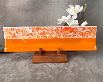 lgtray016-Orange Swirls – 17” Hand-Fused Glass Sushi Tray (Because Your Sushi Deserves to Feel Fancy)