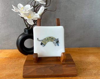catplt020-Handmade Fused Glass Cat Dish: Whimsical Sushi Dessert Plate, 4" Square