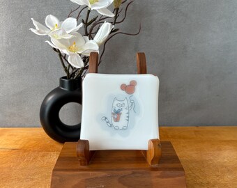 catplt014-Fused Glass Cat Plate: Handmade 4" Square Decorative Dish