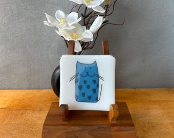 catplt010-Handmade Fused Glass Cat Dish: Whimsical Art Plate, 4" Square