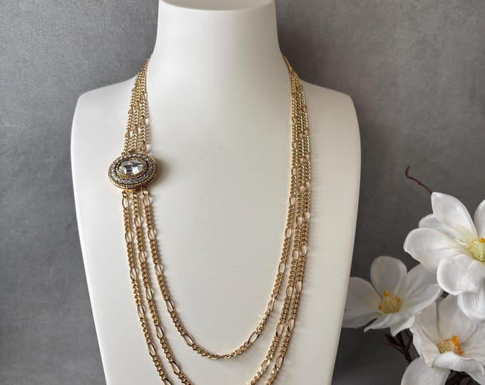 Featured listing image: swar003-Three gold plated chains in varying lengths, 20” 22” and 24”, with 23k gold plated clasp with Swarovski crystals