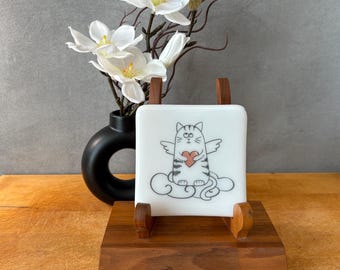 catplt005-Handmade Fused Glass Cat Dish: 4" Square Whimsical Art Plate