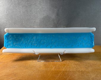 destray006-Handmade Blue Ocean Fused Glass Tray: 13" Rectangular Art Decor