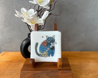 catplt007-Handmade Fused Glass Cat Dish: 4" Whimsical Sushi Dessert Plate