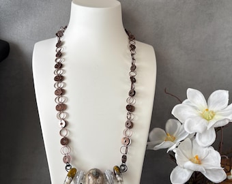 chains005-Handcrafted Copper Disc Chains Necklace with Artisan Glass Beads – Goth Designed - Organic Statement Jewelry