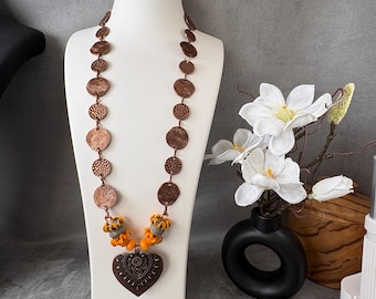 chains003-Valentine’s Day Copper Heart Necklace, Romantic Long Boho Statement Necklace, Handcrafted Artisan Love Jewelry