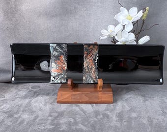 lgtray020-Glass Paint Crackle – 17” Hand-Fused Glass Sushi Tray – Modern Appetizer Plate