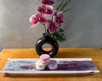 destray002-Handmade Purple Sparkle Fused Glass Tray: Unique Art Decor, 13"