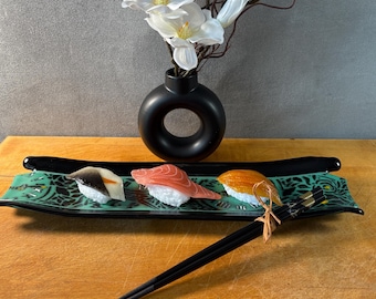 destray005-Handmade Fused Glass Sushi Tray: Black Art Decor, 13 Inch