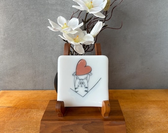catplt009-Handmade Fused Glass Cat Dish: Whimsical Art Plate, 4" Square