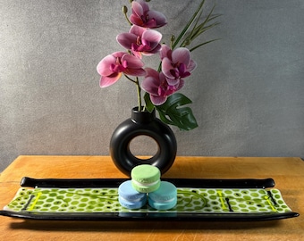 destray003-Handmade Fused Glass Tray: Green Dots Art Design, 13" Decorative Dish