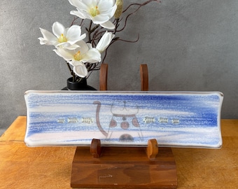 catray001-Handmade Fused Glass Cat Tray: Whimsical Sushi Dessert Dish, 12"