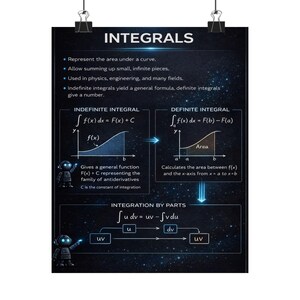 May include: A black poster titled "INTEGRALS" explaining indefinite and definite integrals with formulas and diagrams. It includes the formula for integration by parts. The background is a dark blue with white stars.