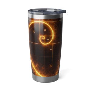 May include: A stainless steel travel mug with a black and gold design. The design features a glowing golden spiral pattern with numbers, set against a dark background. The mug has a black lid.