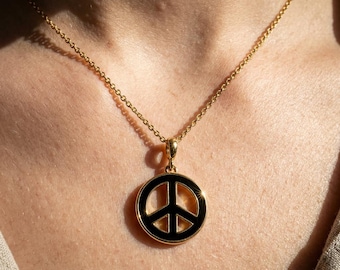 Double-Sided Hand-Painted Enamel Gold Peace Necklace, Reversible Peace Sign Necklace, Delicate Pendant, Dainty Necklace, Gift For Her