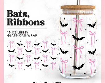 Bats and Bows Libbey Glass Can Wrap SVG, Coquette Halloween (Digital Download)