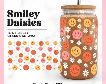 Smiley Face Daisy Libbey Glass Can Wrap SVG PNG (Digital Download)