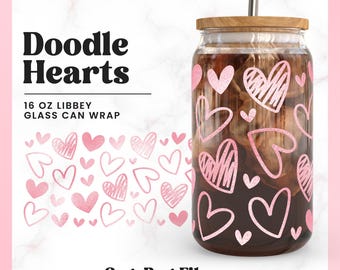 Envoltorio de lata de vidrio Libbey con corazones Doodle SVG PNG: 16 oz (descarga digital)