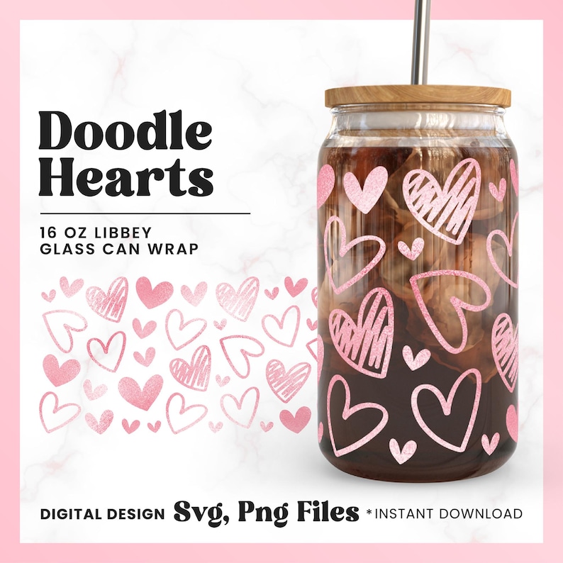Doodle Hearts Libbey Glass Can Wrap SVG PNG: 16 Oz (digital Download ...