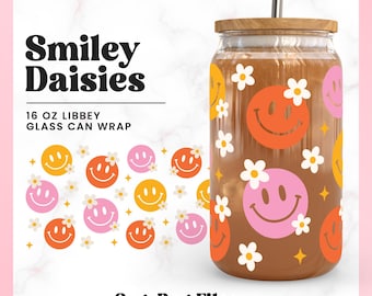 Smiley Face Madeliefjes Libbey Can Glass Wrap SVG PNG (digitale download)