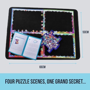 May include: A black puzzle mat, 26 inches long and 20 inches wide, with four sections for puzzles. A partially assembled puzzle and an open instruction booklet are on the mat. The text at the bottom reads: "FOUR PUZZLE SCENES, ONE GRAND SECRET..."