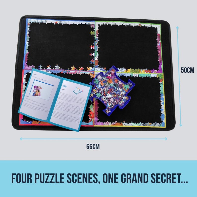 May include: A black puzzle mat, 26 inches long and 20 inches wide, with four sections for puzzles. A partially assembled puzzle and an open instruction booklet are on the mat. The text at the bottom reads: "FOUR PUZZLE SCENES, ONE GRAND SECRET..."