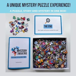 May include: A mystery puzzle box with the text "A UNIQUE MYSTERY PUZZLE EXPERIENCE!" and "A PUZZLE, STORY AND MYSTERY IN ONE BOX!". The box contains puzzle pieces, a booklet, and a card that says "THE END".