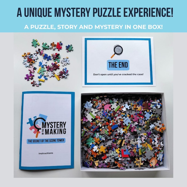 May include: A mystery puzzle box with the text "A UNIQUE MYSTERY PUZZLE EXPERIENCE!" and "A PUZZLE, STORY AND MYSTERY IN ONE BOX!". The box contains puzzle pieces, a booklet, and a card that says "THE END".