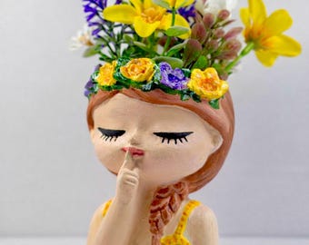 Handmade Ceramic Girl Figurine with Artificial Flowers