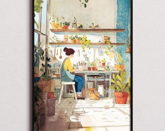 Arte para invernaderos, arte mural para invernaderos, arte vintage, lámina elegante, lámina floral, obras de arte de plantas, arte de plantas, mujer jardinera