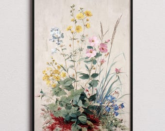 May include: A framed botanical print featuring a watercolor illustration of various wildflowers. The artwork showcases yellow, pink, blue, and white flowers, along with green foliage and red accents. The print is set against a neutral background.