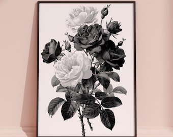 Impresión de rosas en blanco y negro, impresiones en blanco y negro, arte gótico, impresión monocromática, arte en blanco y negro, impresión vintage, arte elegante, flores